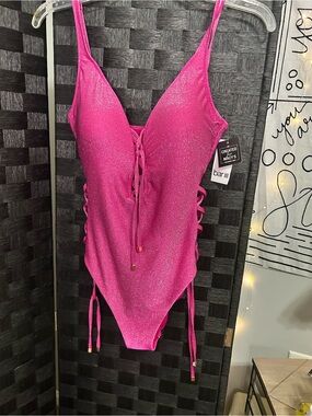 Bar III Shimmery Fuchsia Lace-Up One-Piece